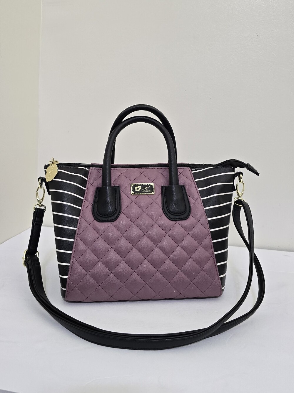 BETSEY JOHNSON luv betsey Quilted Striped Tote Crossbody Purse Bag Purple Black - Picture 1 of 16